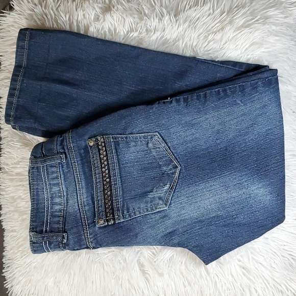 lei Pants - LEI Ashley Low Rise Capri Jeans Dark Wash Denim  with Leather Accents